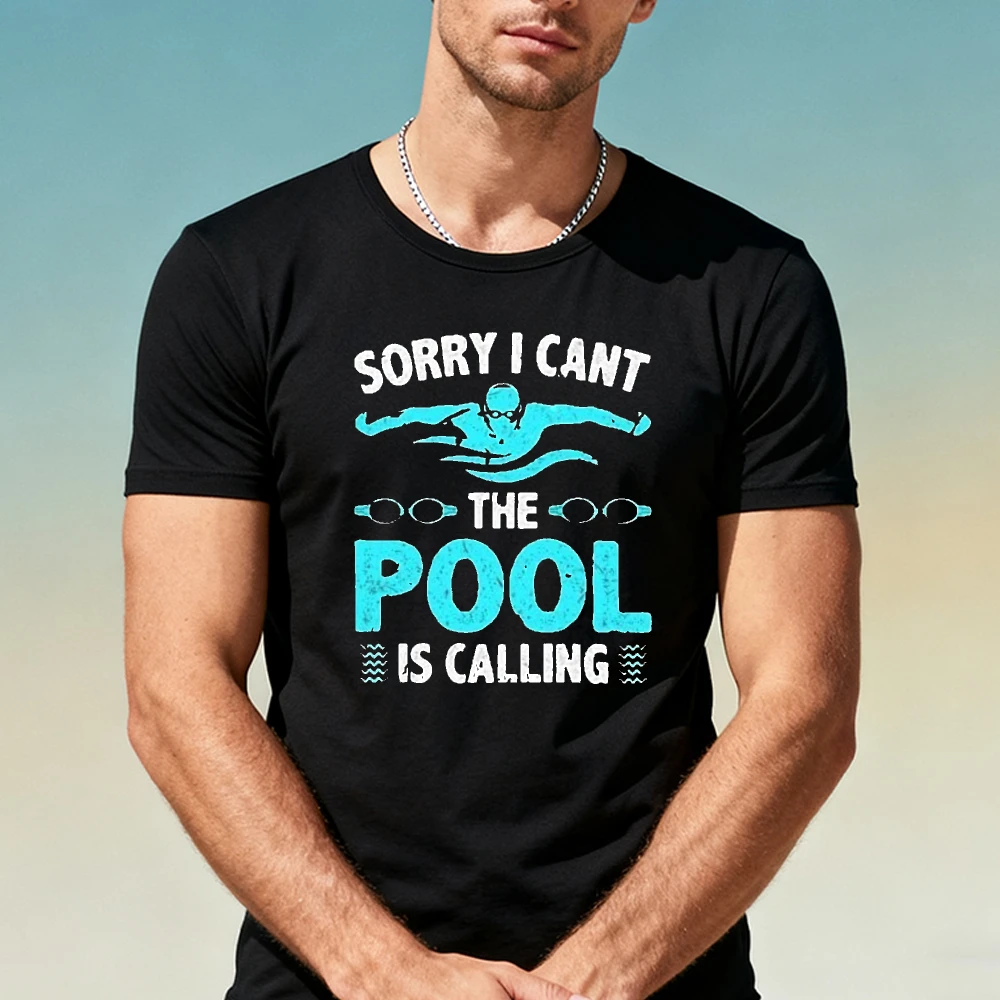 SORRY I CAN'T THE POOL IS CALLING Swimmer Silhouette Graphic Men Tee Vintage Sports Humor Summer Casual Streetwear Daily Tops
