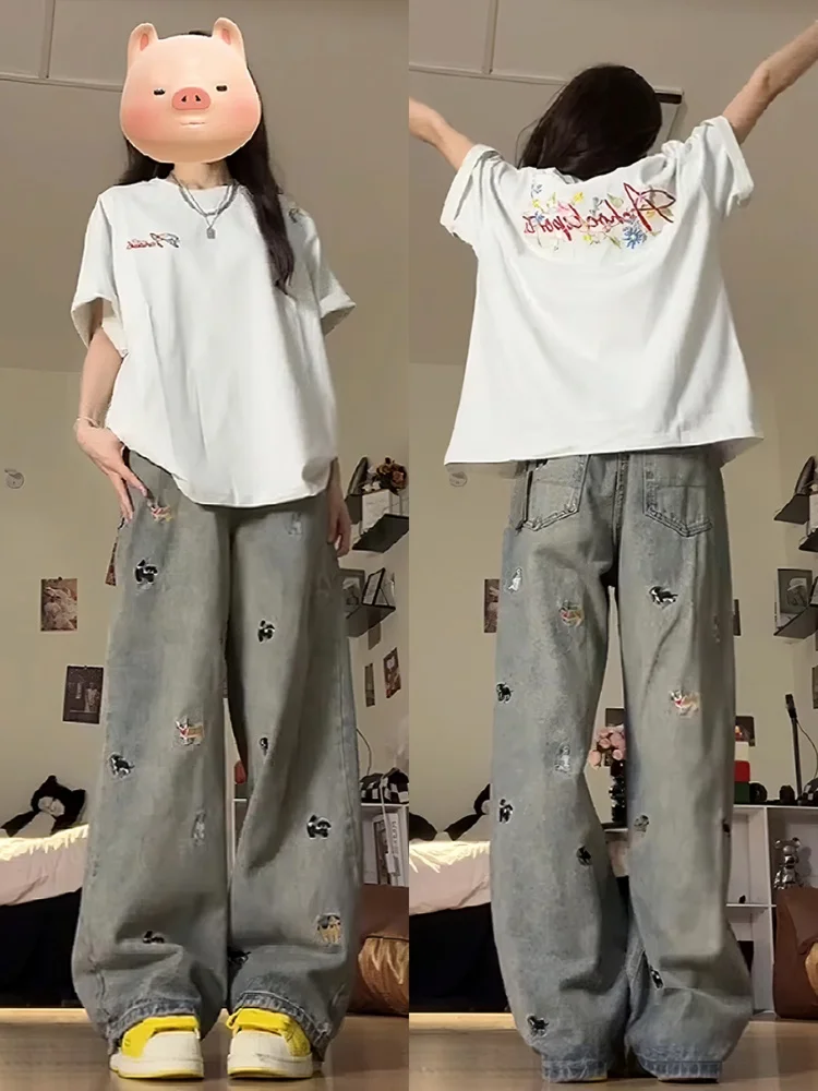 بالإضافة إلى حجم الجينز الأمريكي Sle مستقيم الساق المرأة فضفاضة عالية الخصر التخسيس واسعة الساق طول الأرض بنطلون لباس غير رسمي #1