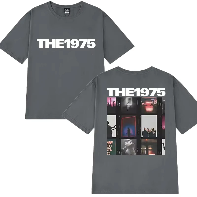 رائجة البيع جديد روك باند 1975 مزدوجة الوجهين طباعة تي شيرت الرجال النساء بلايز خمر للجنسين المتضخم القطن تي شيرتات قصيرة الاكمام