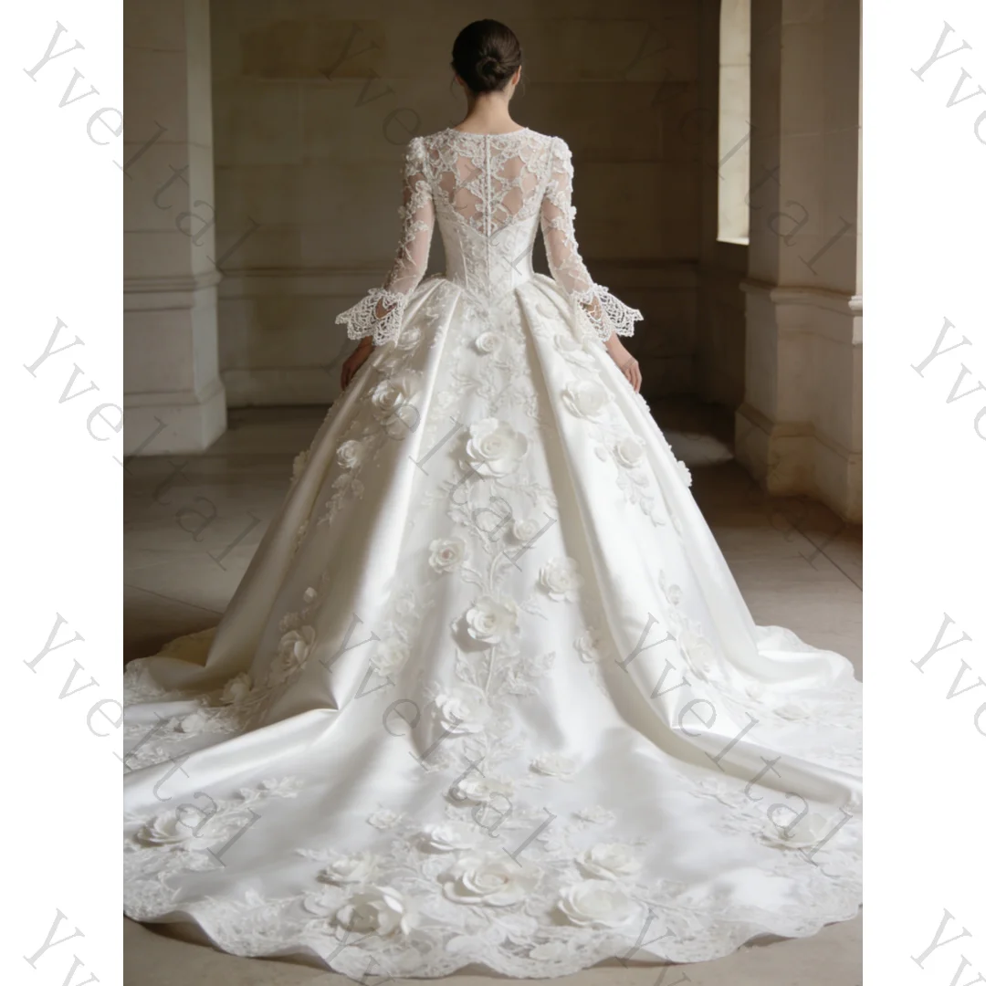 Customized Graceful Satin Princess Wedding Dresses Exquisite Ound Neck Long Sleeved Lace Flower Puffy Skirt Vestido Bridal Gown