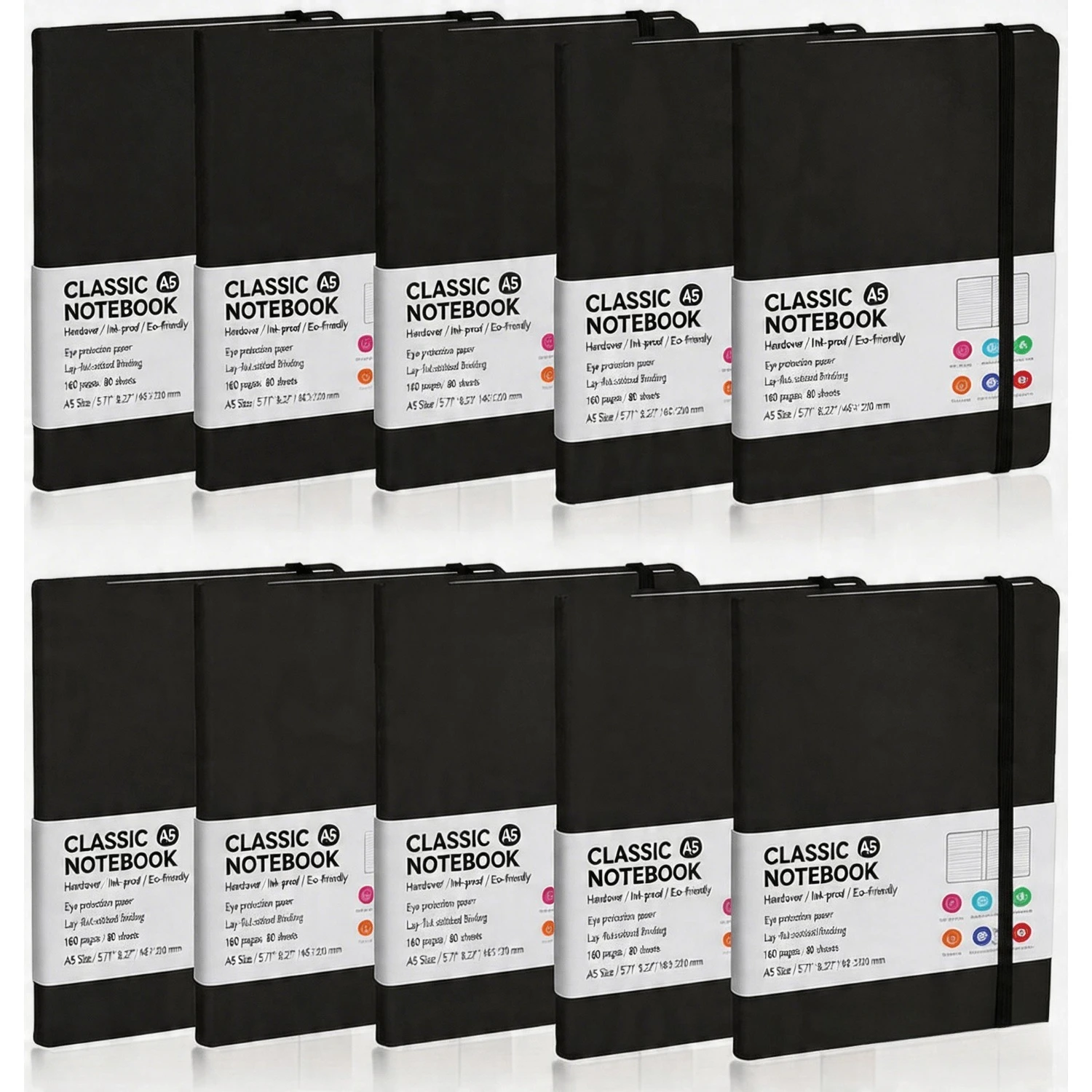 10 Pack A5 Hardcover Notebook, Black College Ruled Journal, 5.5