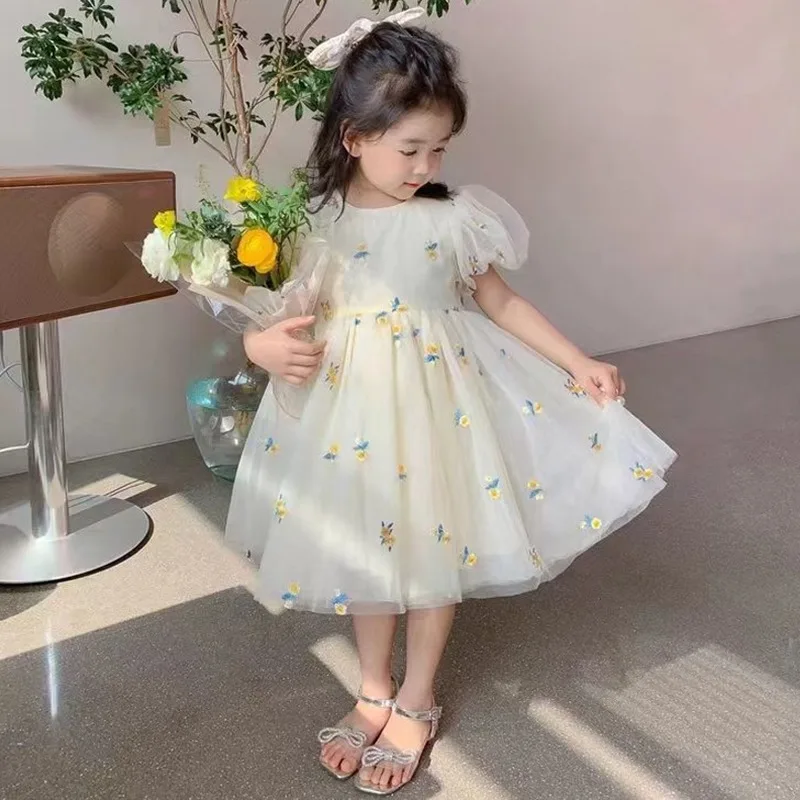 Summer Girls Princess Dress Kids Cute Puff Short Sleeve Flower Mesh Dresses for Girls Party Birthday Children Dress For 1-6T