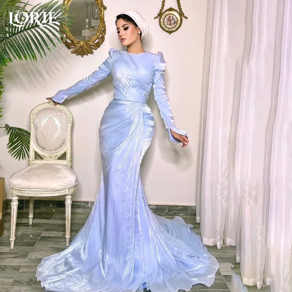 

LORIE Modest Crepe Evening Dress Pleats Puff Long Sleeve Floor Length Prom Dresses Ruched Illsion Arabia Party Gowns Customized
