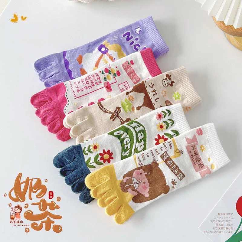 1/5 Pairs Cute Five Finger Socks Cartoon Women Toe Socks with Separate Fingers Cotton Mid Tube 5 Finger Socks Sports Yoga Spring