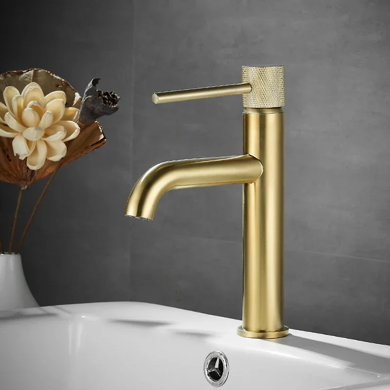 Basin Faucet Brushed Gold   Tap Bathroom Sink  Single Handle Hole Deck Vintage Wash Hot Cold Mixer Tap Crane