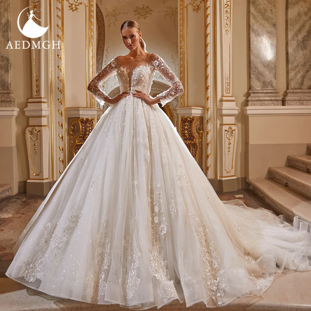 Aedmgh Ball Gown Royal abiti da sposa 2024 o-collo manica lunga Vestido De Novia Lace Appliques fiori 3D Vintage Robe De Mariee