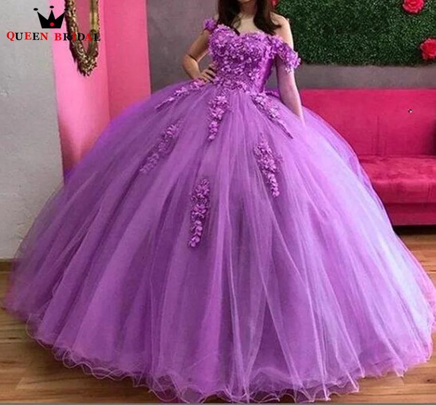 

Purple Off the Shoulder Sweetheart Ball Gown Quinceanera Dresses Classic Tulle Applique robe de bar mitzvah Custom Made ZZ13