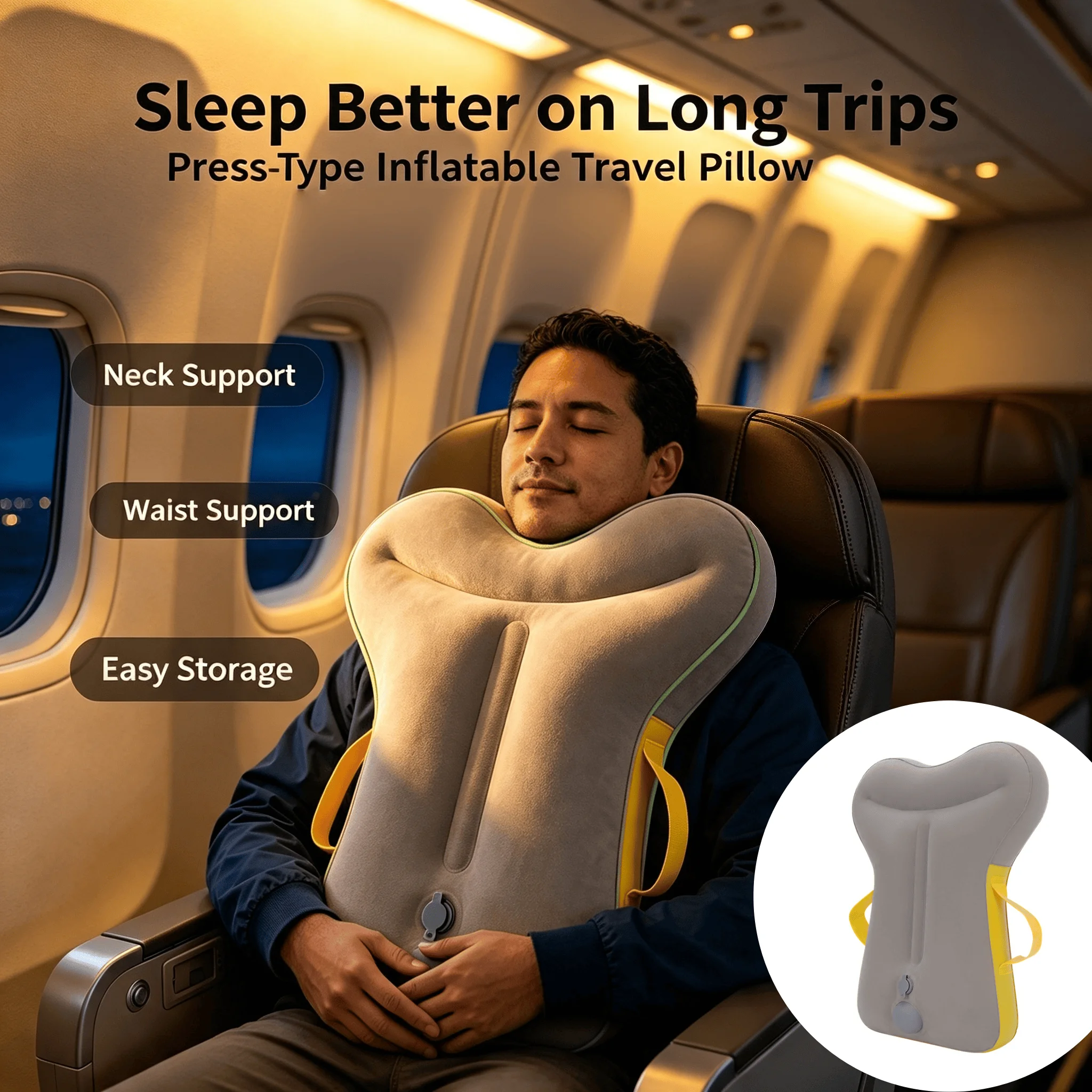 Press Inflatable Travel Pillow Portable Airplane Train Car Office Sleeping Support Pillow with Storage Bag