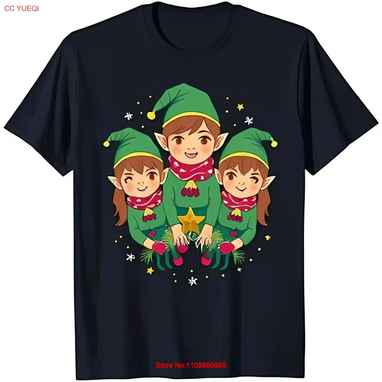 Festive Christmas Black T Shirt with Three Elves Golden Star Snowflakes vintage Washed Stylish Soft fashion homme Unisex