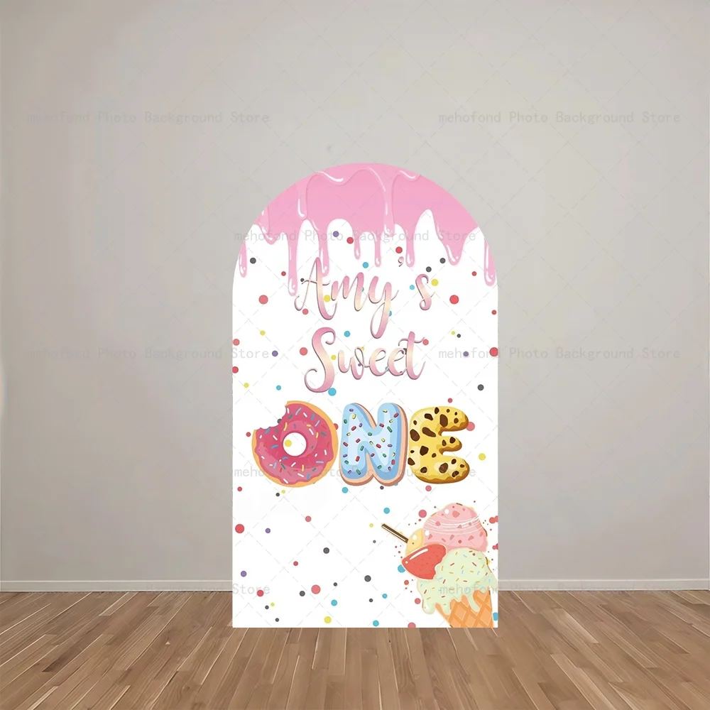 Mehofond Arch Backdrop Customized Name Sweet Colored Suger Lively Pink Ice Cream Birthday Decor Studio Photography Background