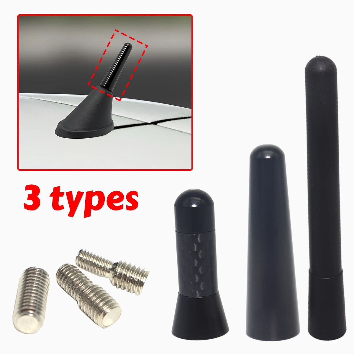 

3 Types Universal AM/FM Antenna Bee Sting Stubby Aerial Mast Radio Roof Mount Sport Short Rod Replace Accessories Spare Parts