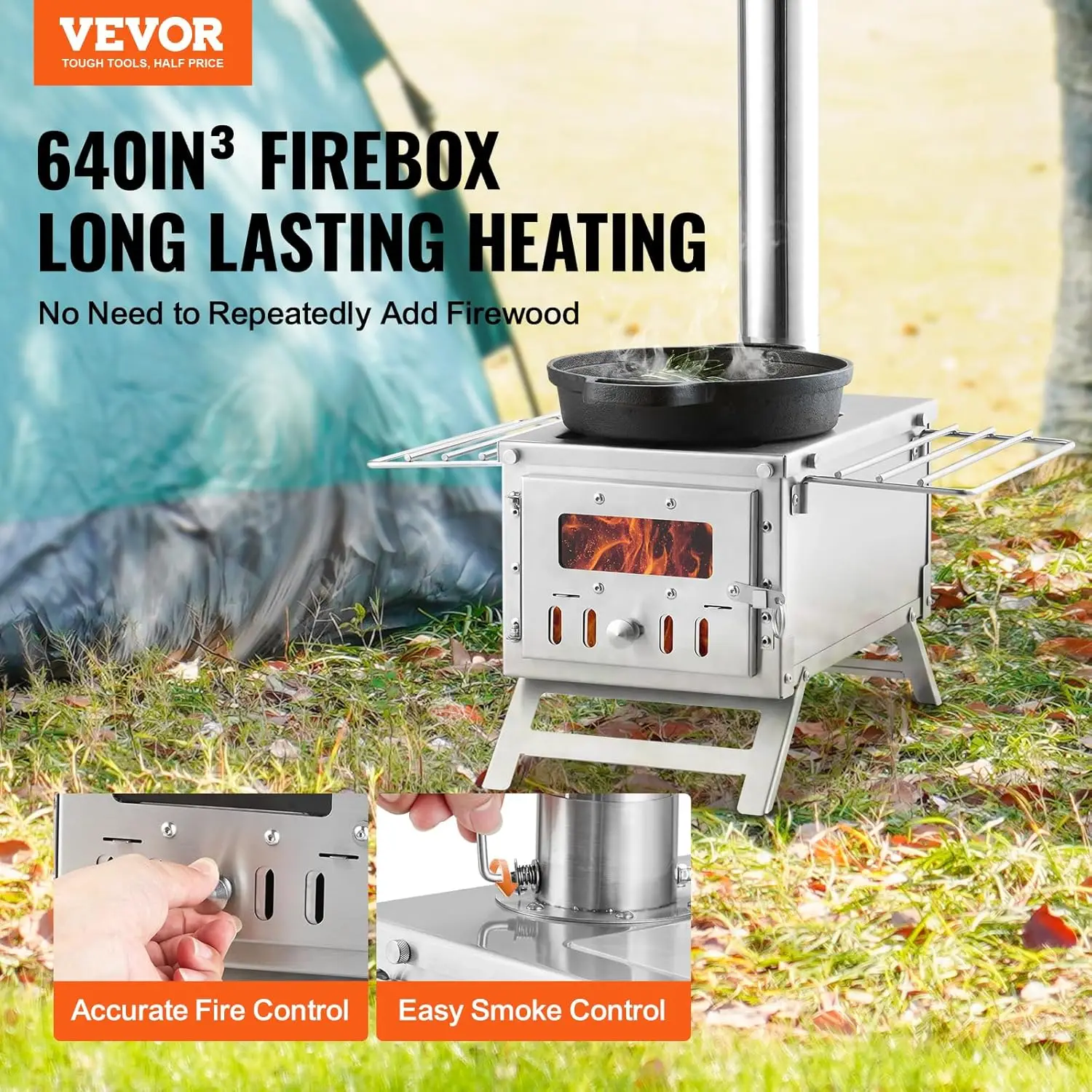 Camping Wood Stove Stainless Steel Camping Tent Stove, Portable Wood Burning Stove with Chimney Pipes & Gloves