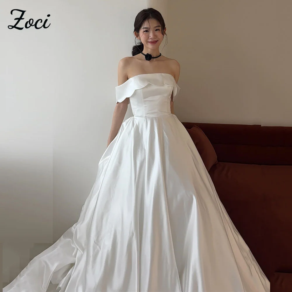 

Zoci Elegant Strapless Korea Wedding Dresses Photo Shoot Off Shoulder Satin Bridal Gown Customized Corset Wedding Party Dress