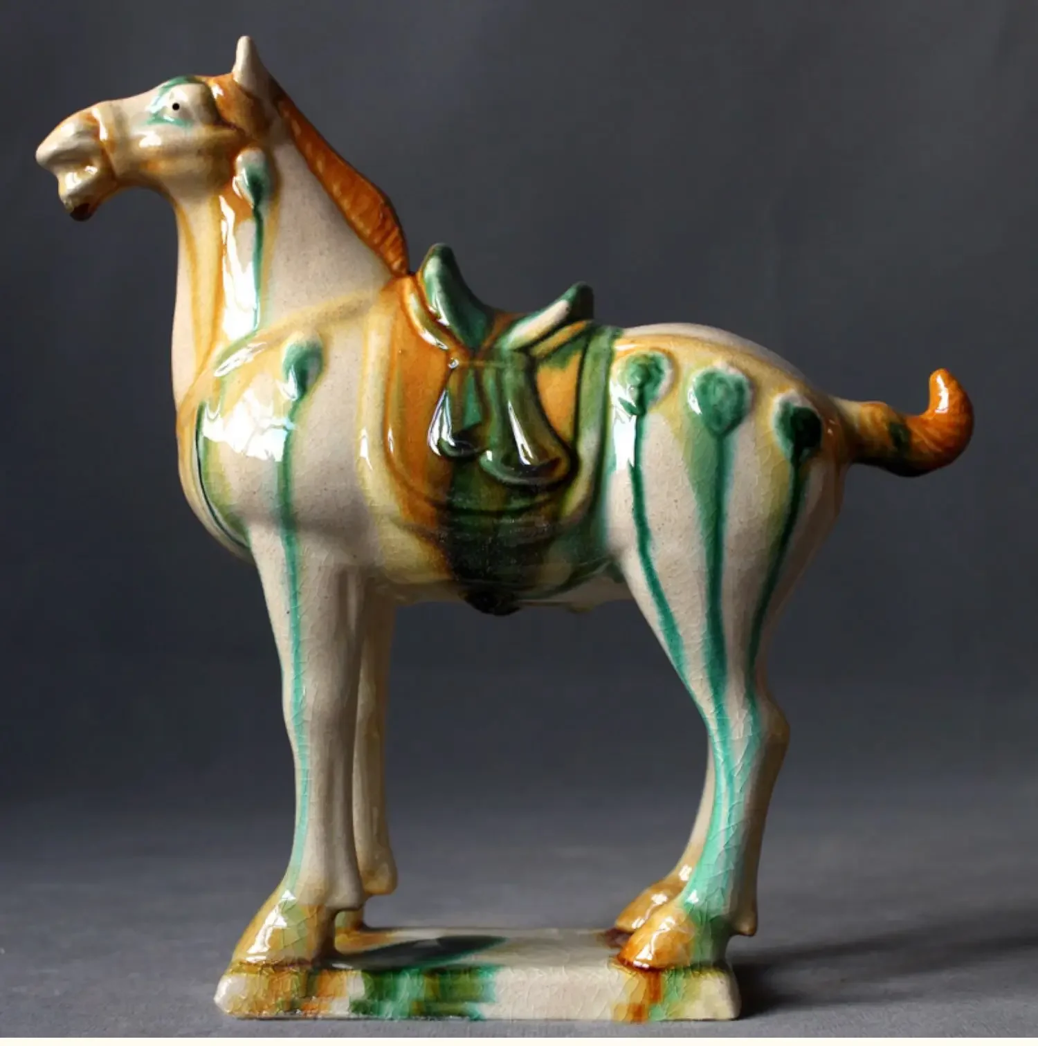 Chinese Tang Tri-Color Glazed Ceramics War Horse Porcelain Statue 8.27 inch Home Ornaments