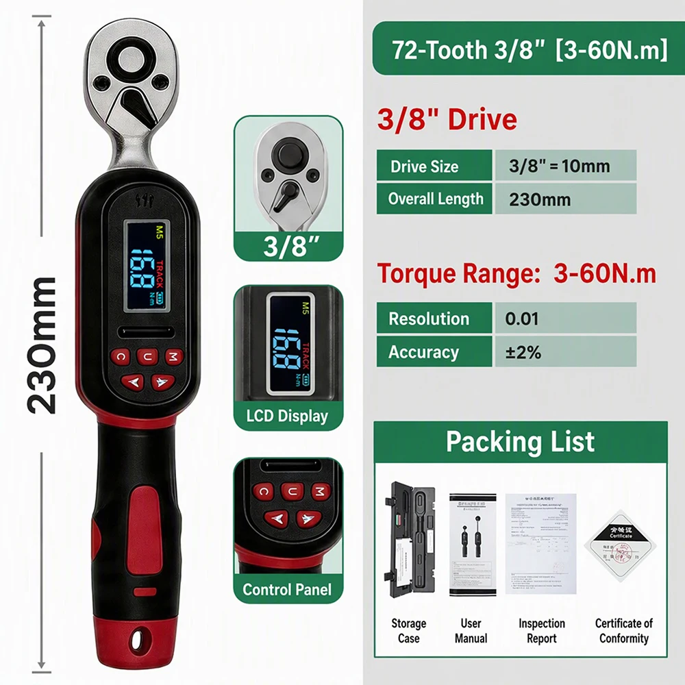 Digital Torque Wrench 3-60N.m with 2% Accuracy Preset LED/Buzzer Alerts for Motorcycle Automotive Repair Tool