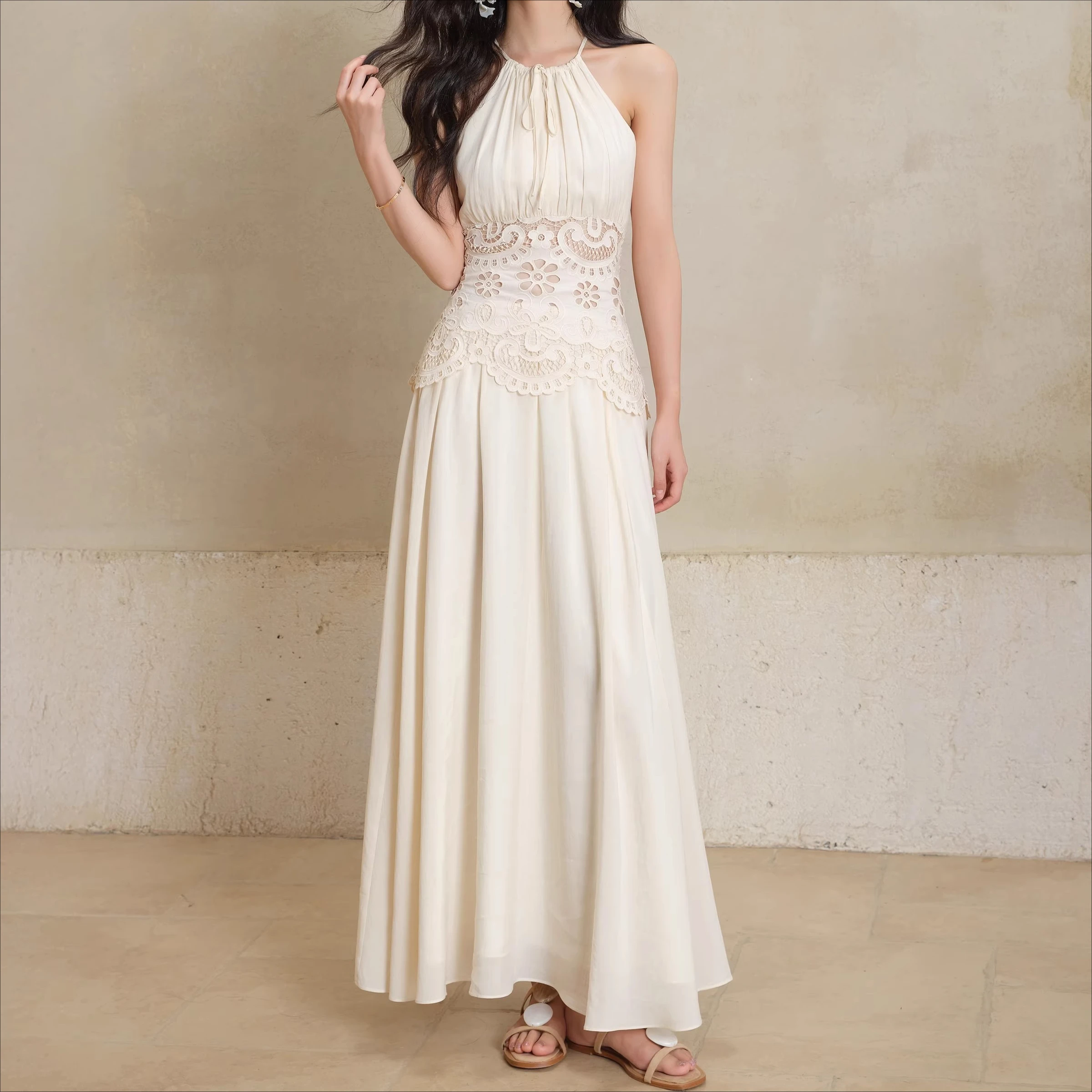 

Apricot Sleeveless Elegant Dress Women Hollow Out Streetwear Vestidos Bodycon Chic Vintage Party Maxi Cloth Lady Summer