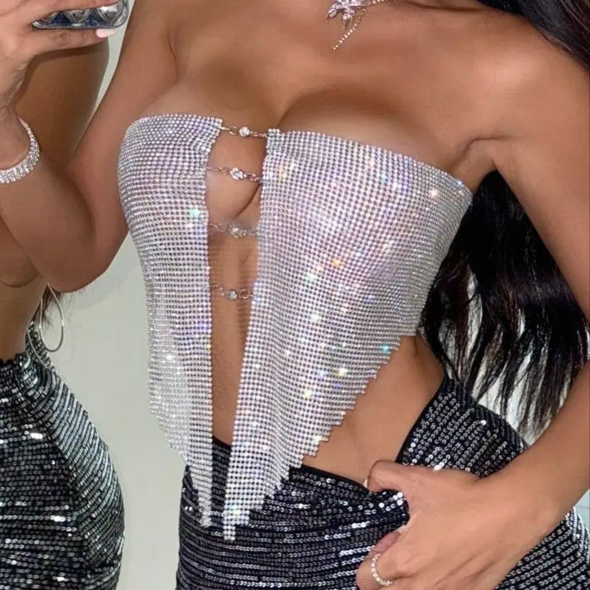

Sexy Metal Rhinestone Strapl Top Women's Cross-Border Festival Clothing Leather Vest Strap-On Design ort Sle Pure Color
