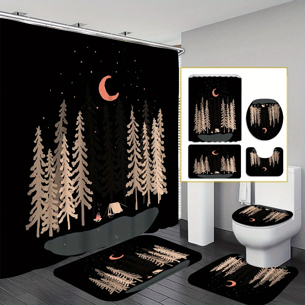 

Woods Decorative Shower Curtain Bathroom Set - Machine Washable, with 12 Hooks, including Toilet Seat Cover and Bathtub Mat
