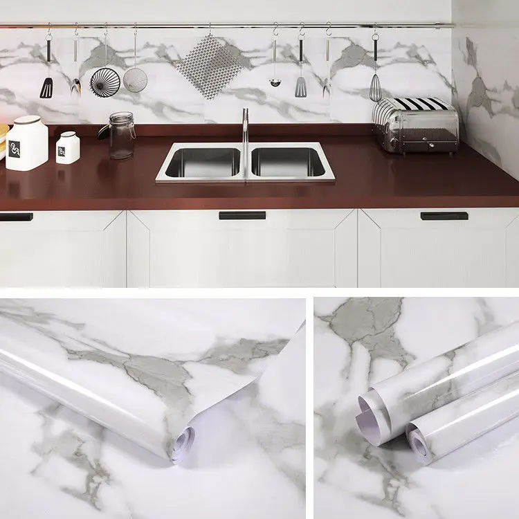 Kitchen DIY Self-Adhesive Waterproof Oil-proof PVC Wall Stickers Cabinets Countertop Wallpaper Bathroom Desktop Renovation Films