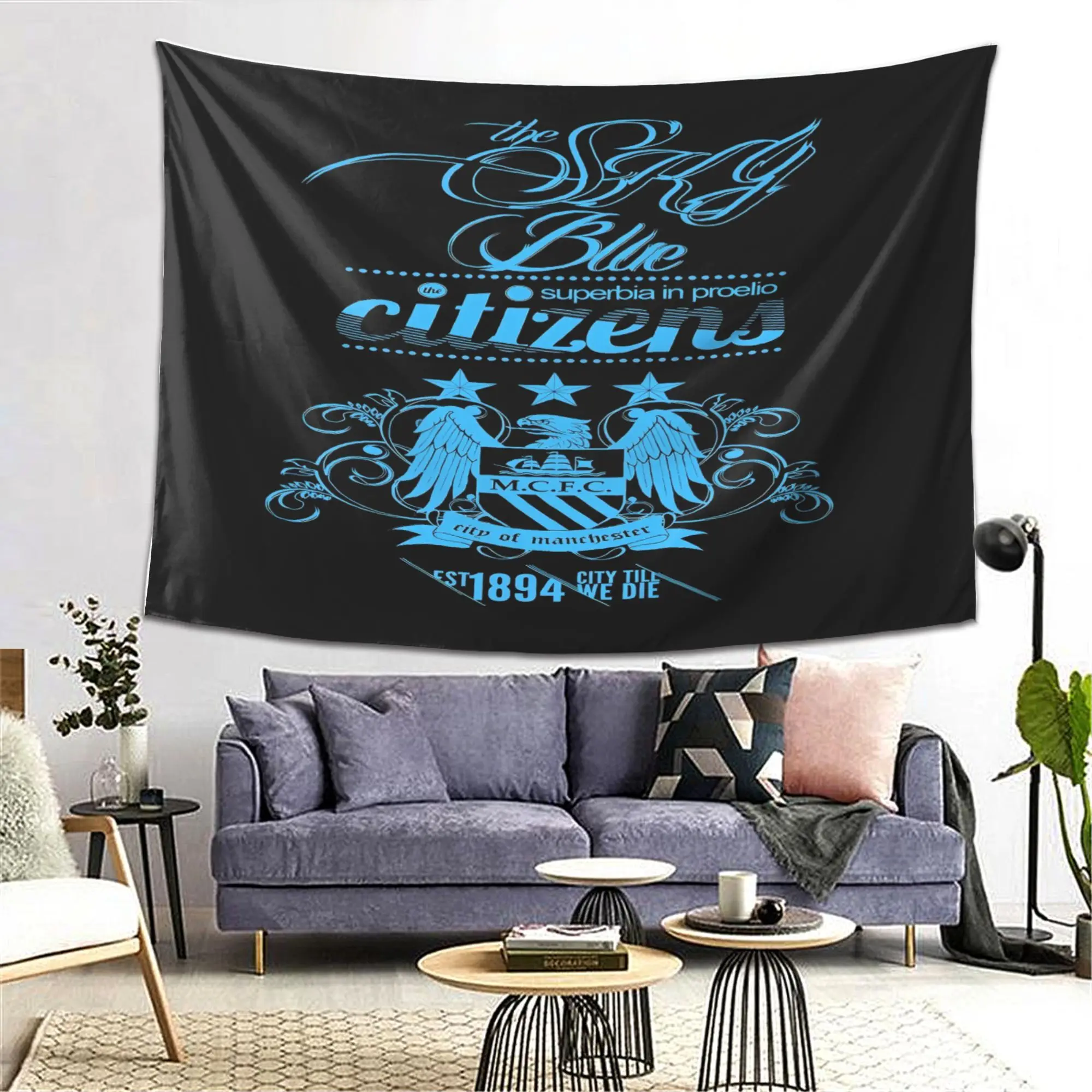 Sky Blue Citizen Tapestry - Celebrating Manchester City Football Club with Vibrant Emblems - Ideal for Home Decor