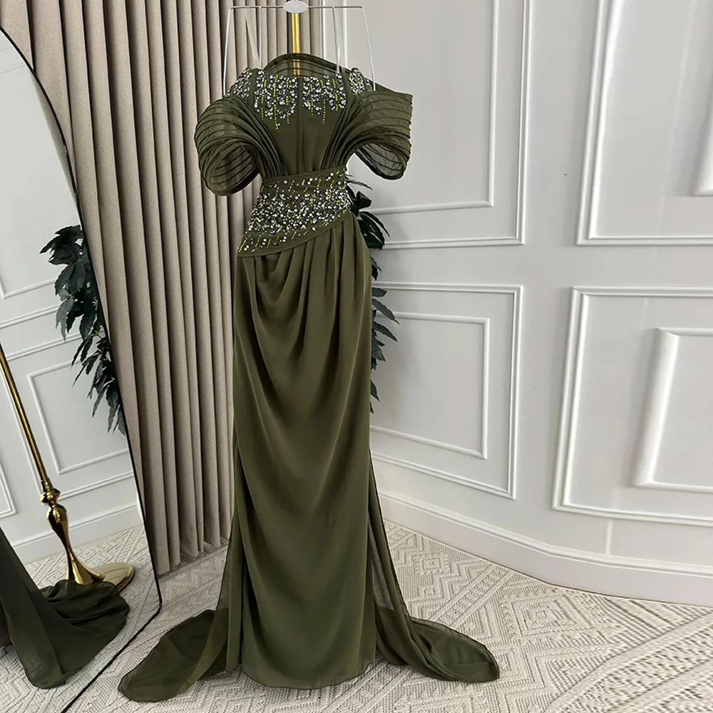 

Customized Off the Shoulder Short Sleeves Evening Dress Delicate Crystal Party Dress Fashion Sweep Train Special Occasion Gowns