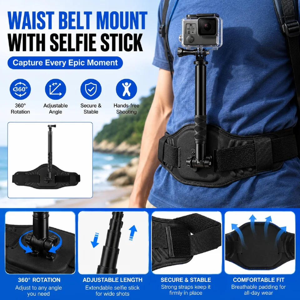 PULUZ Waist Belt Mount Strap & Selfie Stick Monopod For GoPro
