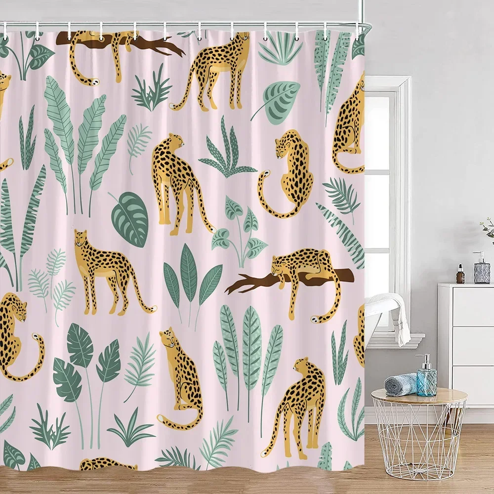 Tropical Animal Shower Curtain Leopard Wild Animal Flamingo Parrot Zebra Green Plant Palm Leaf Bathroom Curtain Decoration
