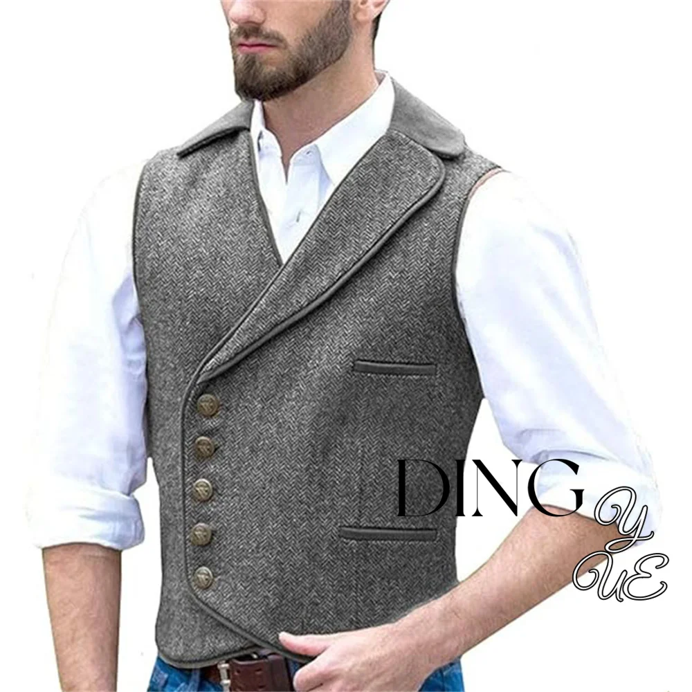 Chaleco de traje con cuello a medida y tweed en espiga de 5 botones para hombre