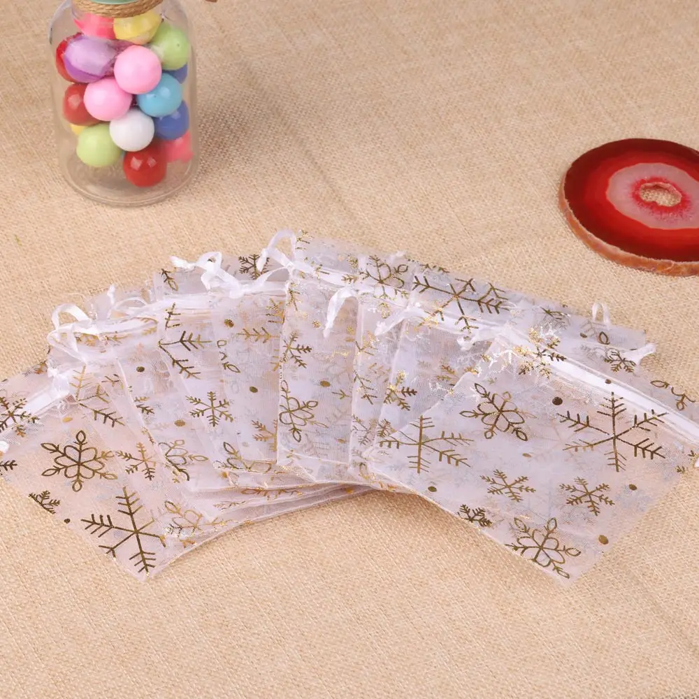 Hot Printing Organza Gift Bag For Jewelry Snowflake Drawstring Pouches For Wedding Christmas Party Candy Packing