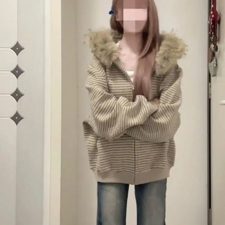 Farbblockierender gestreifter Mantel mit Kapuze, Fleece-Retro-amerikanischer Relax- und lockerer Kapuzenpullover-Cardigan mit Reißverschluss für Herbst und Winter