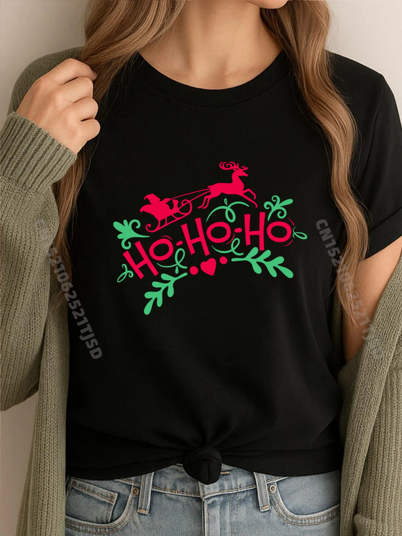 

Christmas Ho Ho Ho Santa Claus Sleigh Reindeer Girls Brand Clothing Tee Shirt Woman Outdoor
