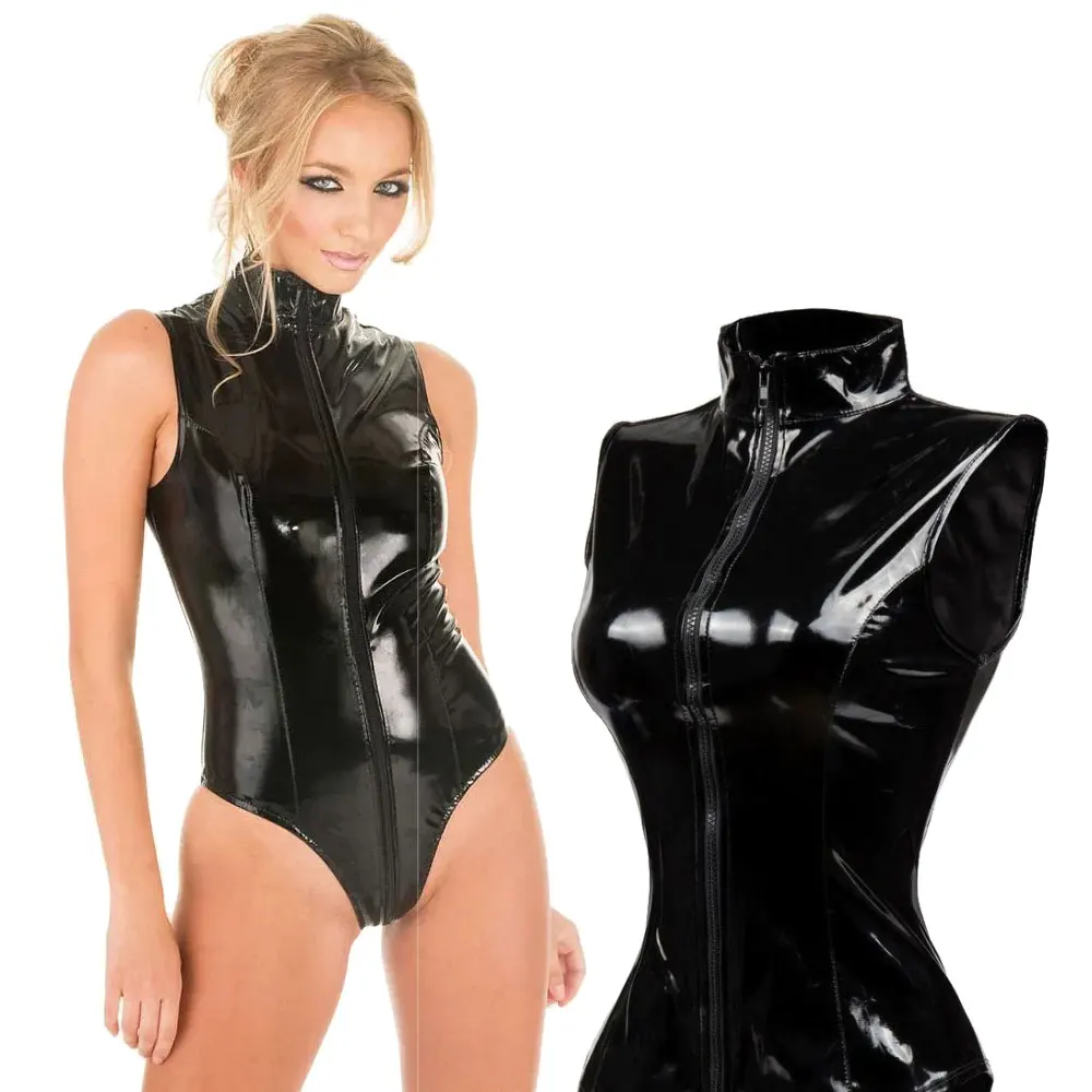 

Women Sexy Latex Bodycon Bodysuit Double Zipper Open Crotch PU Leather Jumpsuit Ladies Slim Sleeveless Wet look Catsuit Rompers