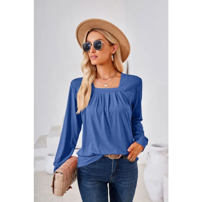 2023 New Autumn and Winter Square Neck Long Sleeve T-shirt Women's Solid Color Bottom Top Women's Casual Loose Pullover