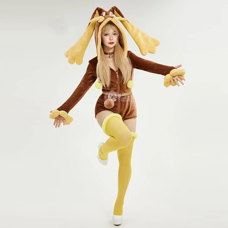 Anime Lopunny Cosplay Kostuums Vrouwen Sexy Capuchon Bodysuit Sokken Pak Cartoon Flanellen Kawaii Pyjama Jumpsuit Halloween Kleding