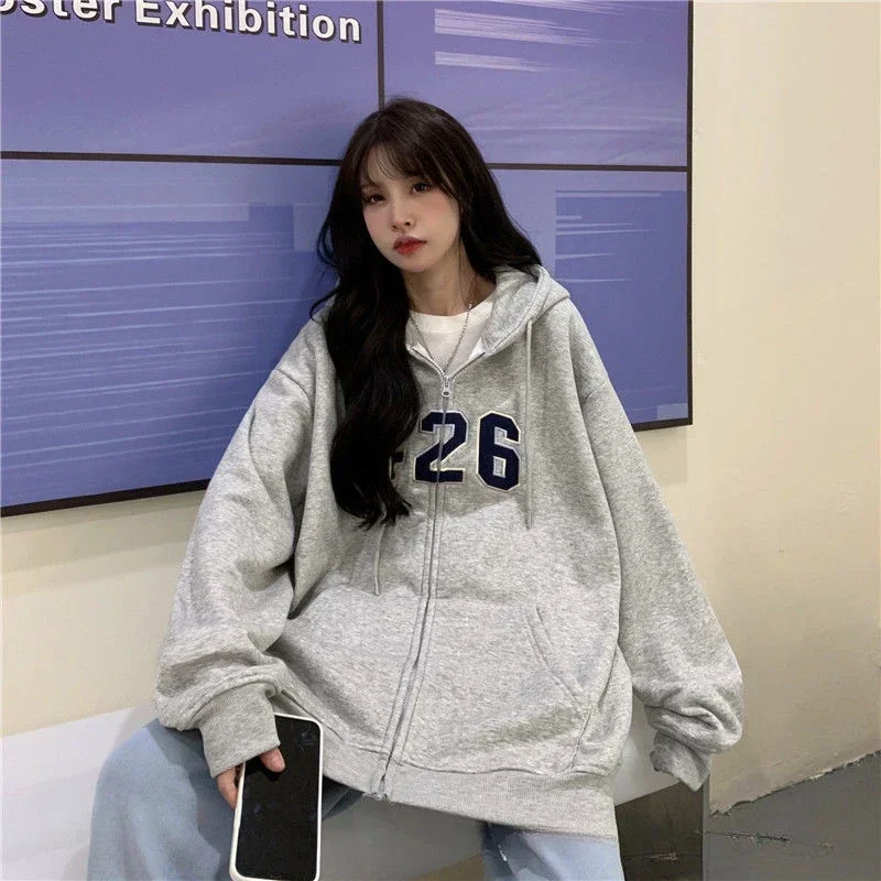 Y2k Autumn Winter Sweatshirt Hoodie Oversize Korean Hooded Cardigan Sweatshirts Gray Women Clothes Solid Zip Up Hoodies