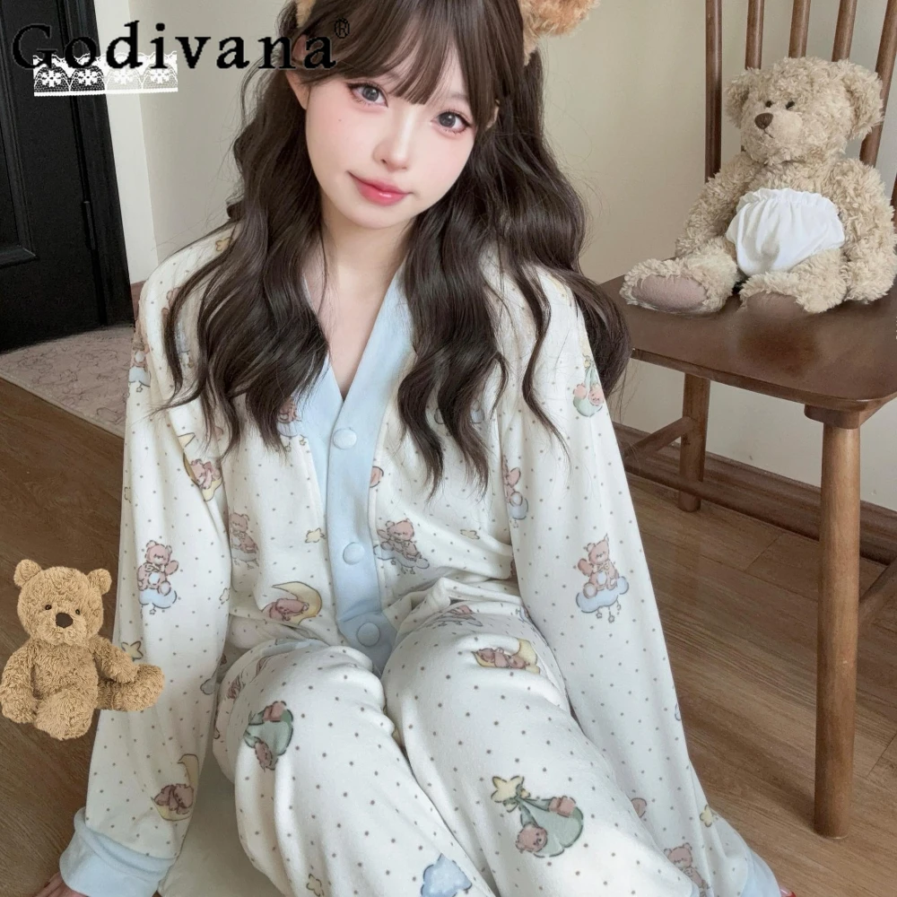 

Autumn Winter Pajamas Women Set Female Cute Warm Loungewear V-neck Casual Cartoon Cotton Sexy Sleepwear