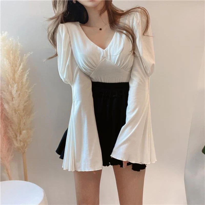 Skirts Women Sets Autumn Pleated Slim Fashion Elegant Mini Feminine Street High Waist Blouse Flare Sleeve V-neck Sexy Female New