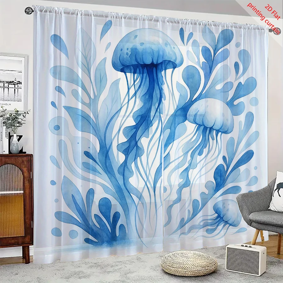 2PCS Digital Print Sheer Curtain, Blue Jellyfish Seaweed, Vintage Floral Window Curtains for Living Room Bedroom Home Decor