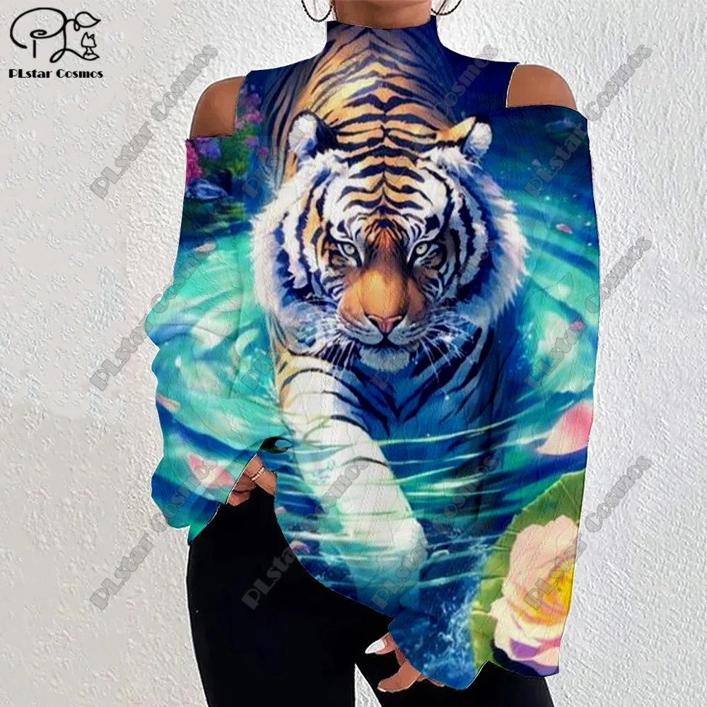 

3D Printing Animal Series Tiger Bear Pattern Women's Lantern Sleeve Off-Shoulder Textured Casual Long Sleeve HX-2