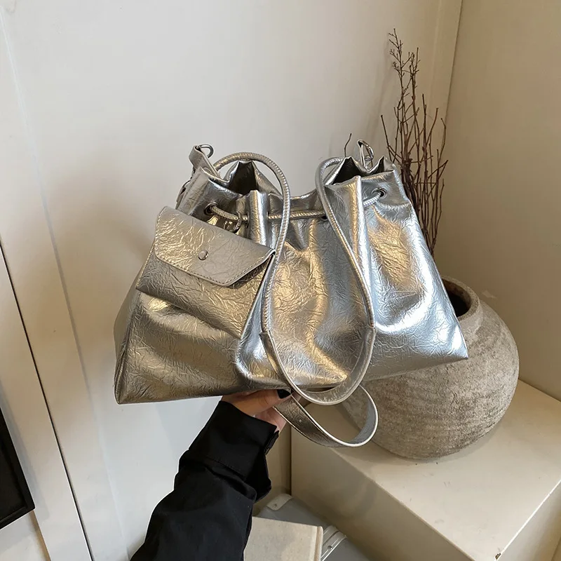 

Luxury Large Bucket Bag - Women's Crinkled Shoulder Tote, Stylish Backpack & Crossbody Purse for College Students