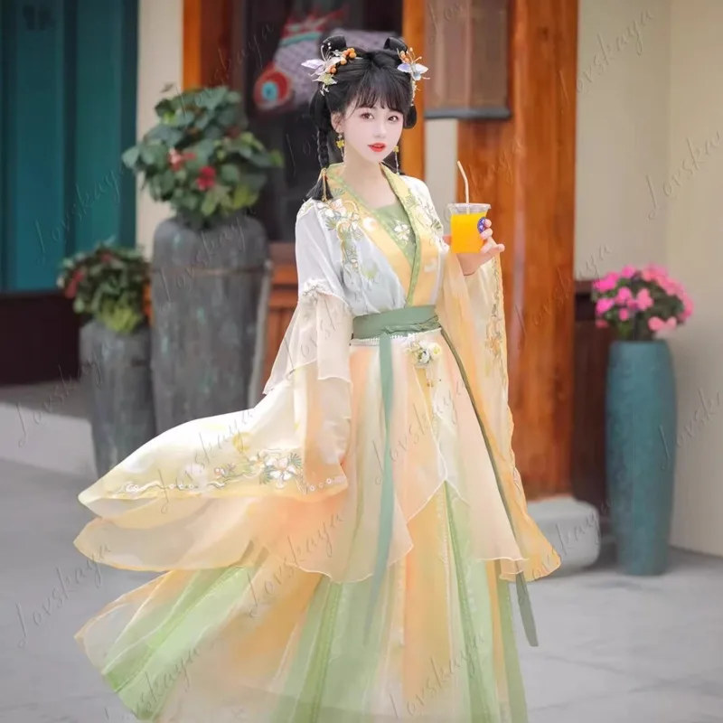 Women Traditional Hanfu Twelve Flower Gods Series Cross Collar Pleated Skirt Spring Summer Costume