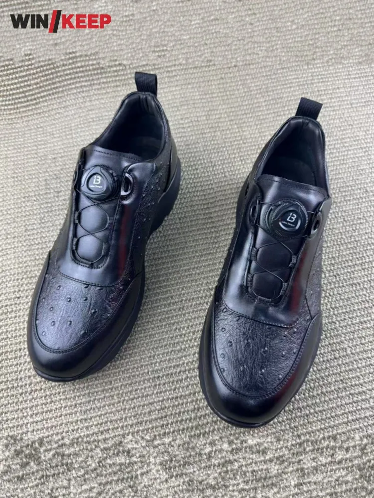 

Mens Black Patchwork Ostrich Leather Genuine Leather Breathable Turnbuckle Versatile Sneakers Sport Running Jogging Shoes