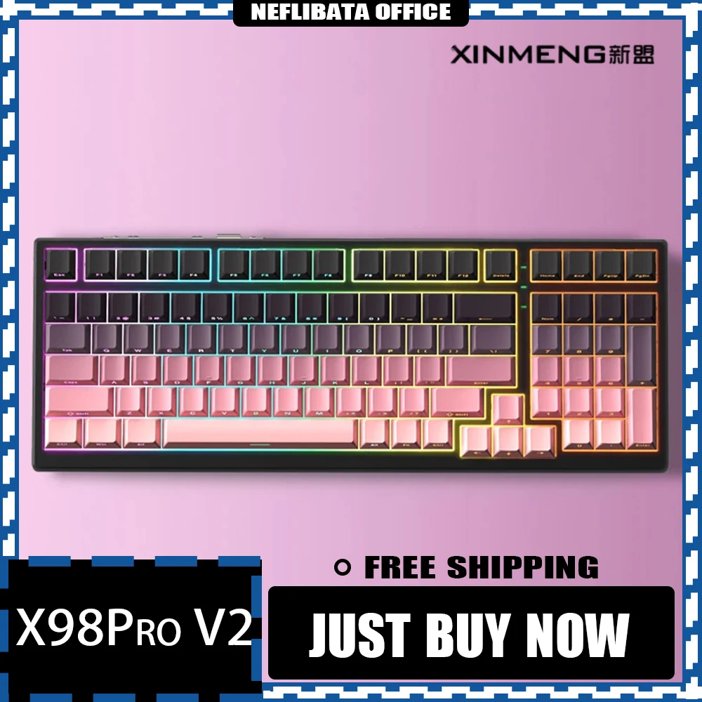 

Механическая клавиатура XINMENG X98ProV2, Беспроводная игровая клавиатура с тремя режимами, с RGB подсветкой, с прокладкой, для офиса