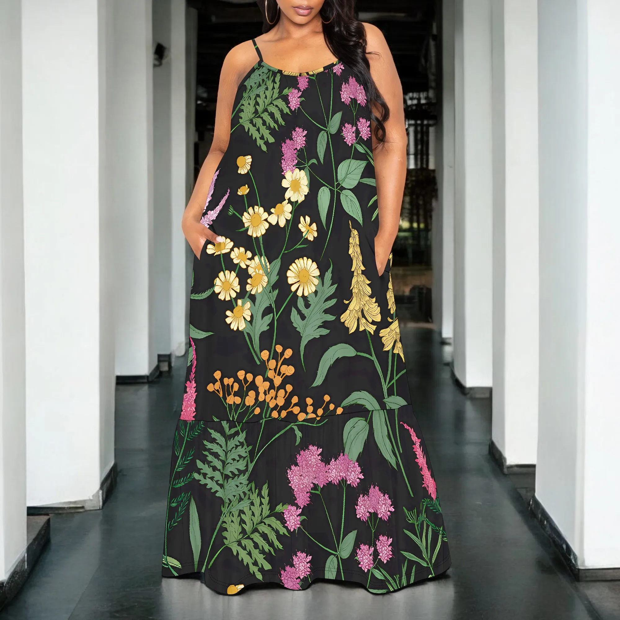 

Floral Print Sleeveless Maxi Dress for Plus Size Women, Elegant and Comfortable, Perfect for Summer Beach Days with Pockets