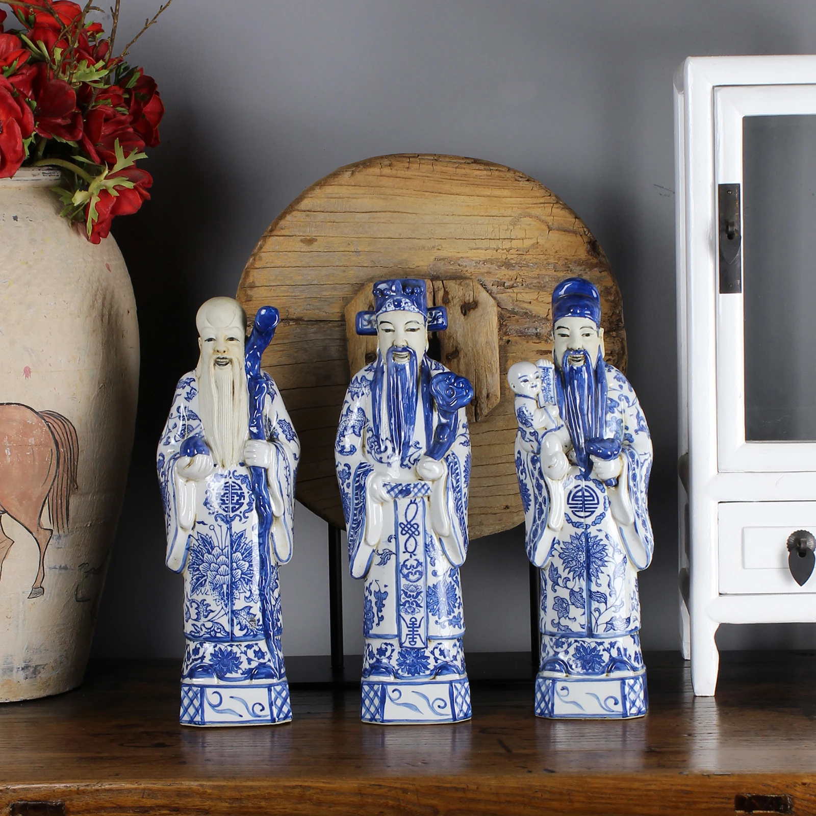 The three gods of fortune,prosperity and longevity, Ceramic figurines, table accessory