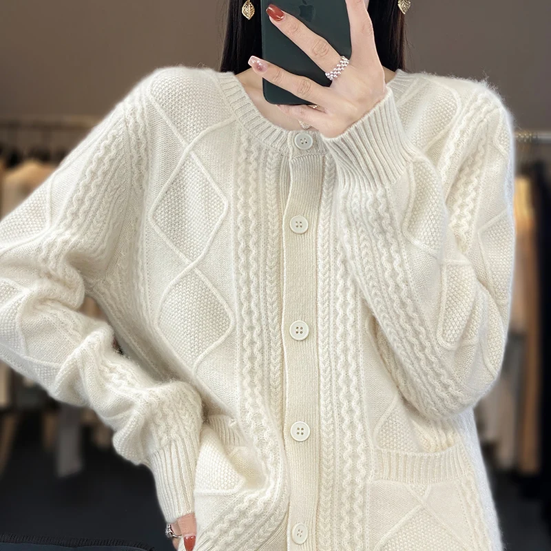 Cashmere O-Neck Cardigan Sweater Thickened Autumn and Winter Women's Clothing Knitted 100% Merino Wool Jacket Korean Fashion