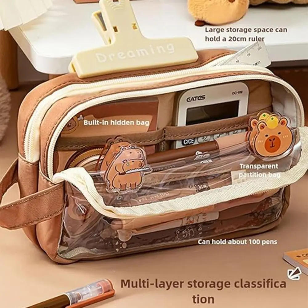 Creative Capybara Pen Case 5 Layers Large Capacity Capybara Pen Holder Transparent with Front Pocket Zipper Pencil Pouch