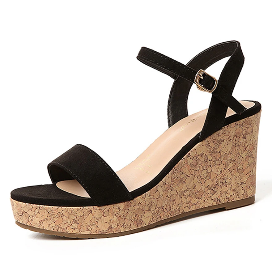 

Retro Wooden Heel Wedges Sandals For Women Flock Ankle Buckle Open Toe Dress Shoes Summer High Heels Platform Office Pumps Woman