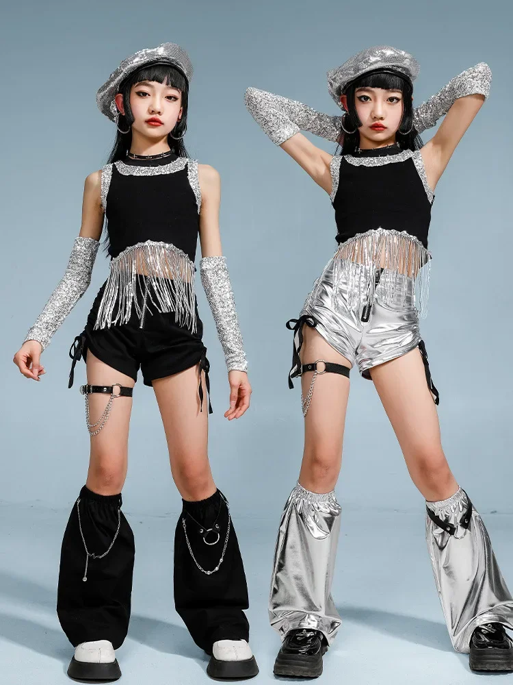 

Girls Hip Hop Sequin Silver Crop Top Cargo Pants Street Dance Shorts Kid K-pop Jazz Clothes Set Child Elegant Streetwear Costume