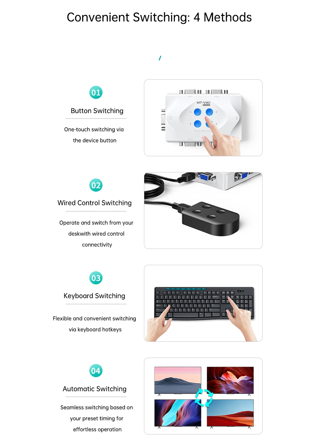 MT-Viki Smart Kvm Switch VGA Selector 4 Port Hotkey Wired Remote Controller Select Auto Scan 1920x1440 Send Cables MT-401KL